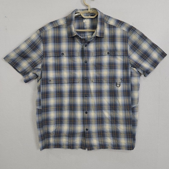 Rei Coop Button up Shirt Mens Blue Large Short Sleeve Plaid Outdoor Vented - Picture 8 of 14